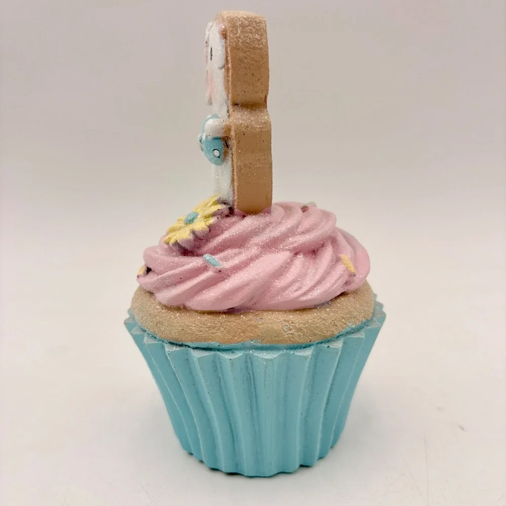 Easter Bunny Rabbit Cupcake Figure Pink Frosting Blue Liner Glitter Spring Decor
